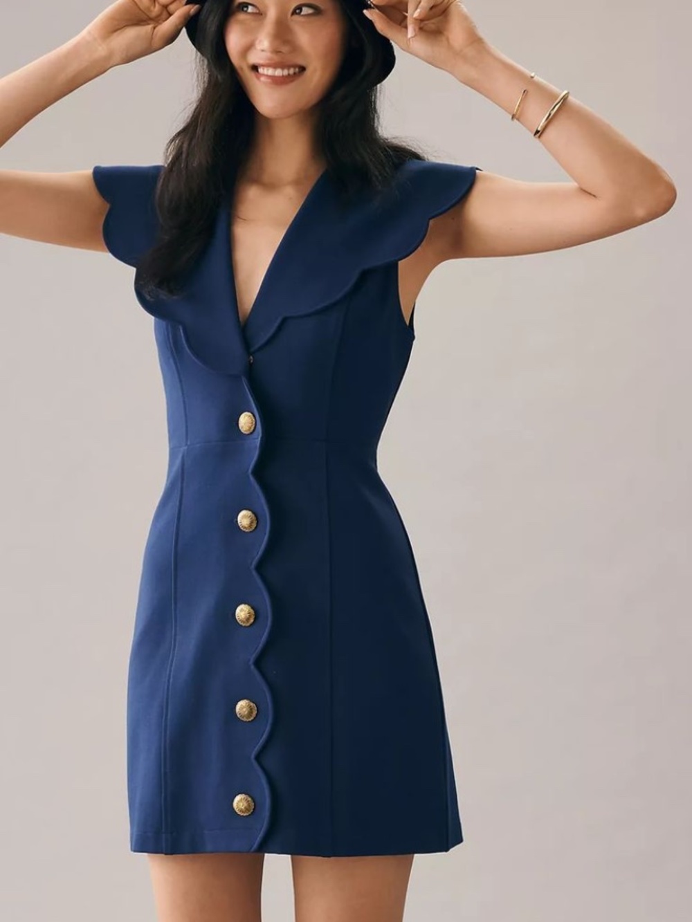 Maeve Scalloped Buttondown Dress in Navy Blue